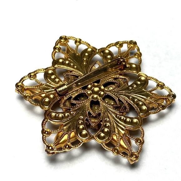 Vintage Brooch Pin Star Crystals Rhinestones Amber Pink Yellow Gold Tone - Picture 9 of 9